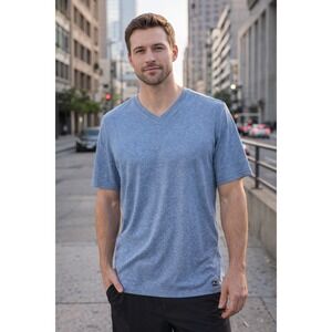 FERRUCHE Mens L Large Blue Heathered V-Neck‎ Tee Shirt Short Sleeve Classic Fit
